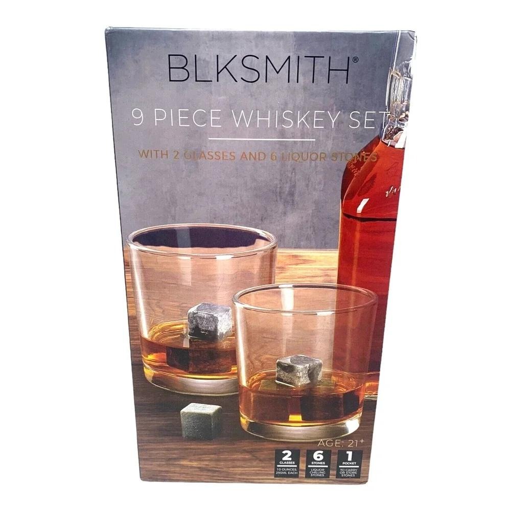 BLKSMITH 9 Piece Whiskey Set 2 Glasses 6 Soapstone Liquor Stones and Pouch